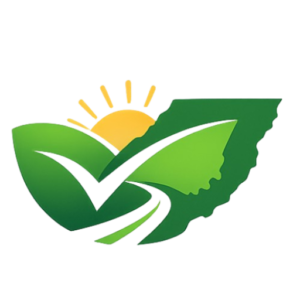 Green leaf logo with white checkmark, rising yellow sun, and road path, symbolizing eco-friendly travel or agriculture.