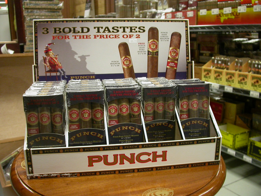 Punch cigar display box with a 3 bold tastes promotion in a shop